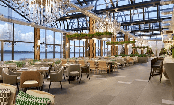 Elegant restaurant interior with chandeliers and modern seating.