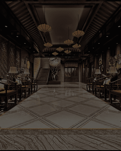 Elegant vintage dining room with wooden furniture and patterned floor.