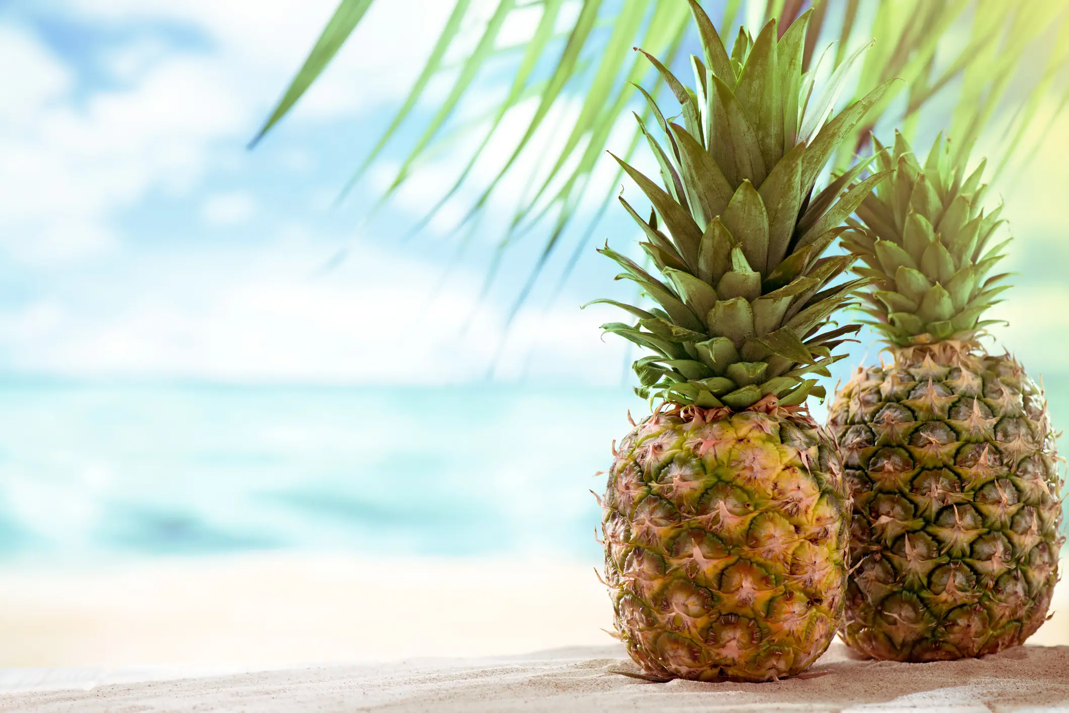 Two pineapples sit on a sandy beach with ocean waves and palm leaves.