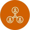 Icon showing three connected user profiles on an orange background.