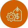 Icon of a price tag with a gear and dollar sign inside an orange circle.