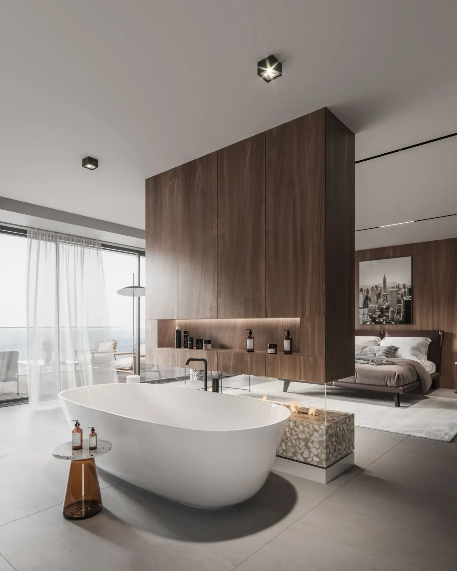 Modern bathroom with freestanding tub and wooden accent wall.