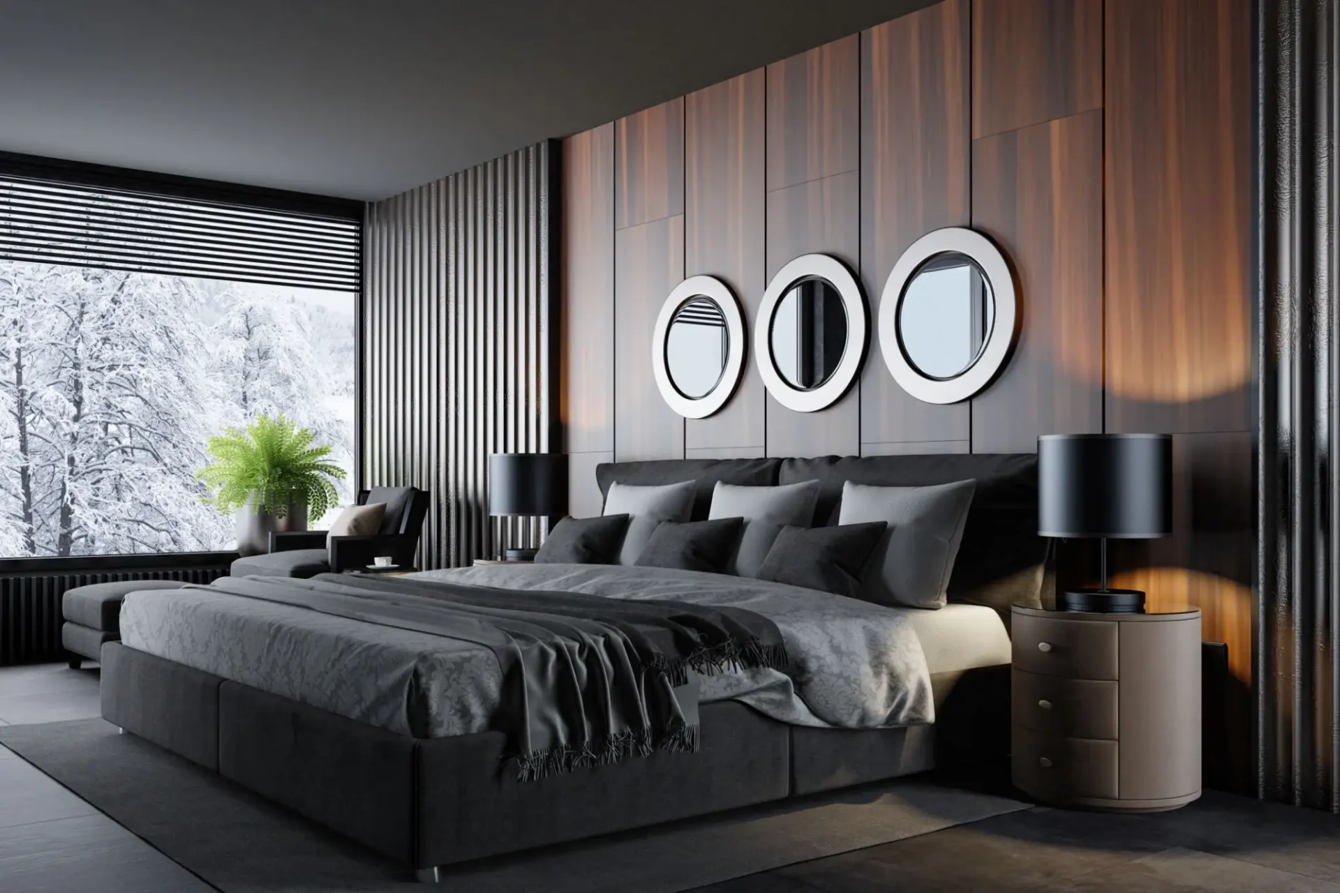 Modern bedroom with gray tones and circular wall mirrors.